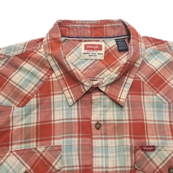 NWT Wrangler Men’s Sz 2XL Stretch Red Plaid Stripe Long Sleeve Shirt Button Down - Picture 4 of 11